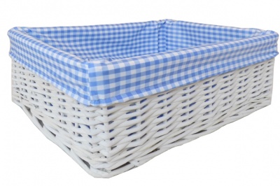 WHITE Wicker Storage Basket BLUE GINGHAM Lining - 41x31x15cm high